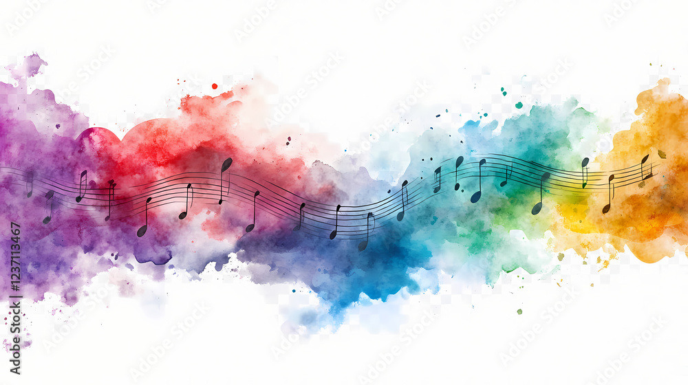 Obraz premium A watercolor illustration depicts a musical staff with notes in pride colors, symbolizing the harmony of diversity, on a transparent background. Watercolor Harmony. Illustration