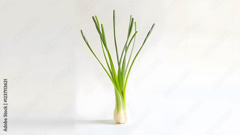 A digitally generated image of a green onion with long, slender green stalks and a white bulb, set against a clean, white background A digitally generated image of a green onion with long, slender green stalks and a white bulb, set against a clean, white background