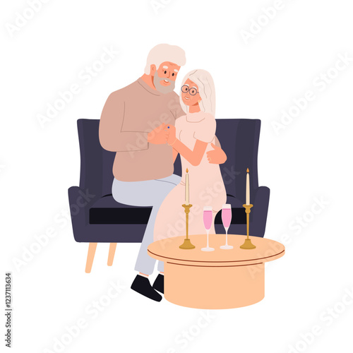 Happy senior couple on a romantic date at a cafe at Valentine's Day. Elder aged man and woman, wife and husband, spouse sitting on the sofa. Vector illustration isolated on white background