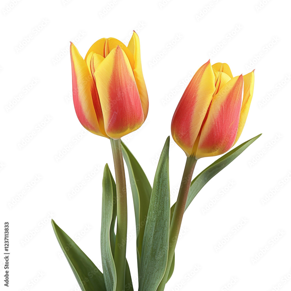 Fototapeta premium Bright yellow and red tulips with green leaves, symbolizing spring and renewal, stand elegantly against transparency background