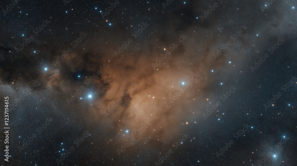 Cosmic Nebula in Dark Space Orange, Brown Clouds, and Blue Stars Cosmic Nebula in Dark Space Orange, Brown Clouds, and Blue Stars