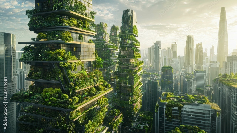 Obraz premium Futuristic Eco-Friendly Skyscrapers Surrounded by Urban Landscape