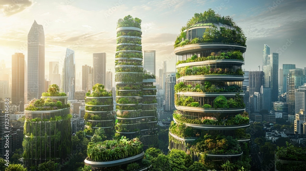 Obraz premium Futuristic Urban Landscape with Green Architecture and Nature Integration