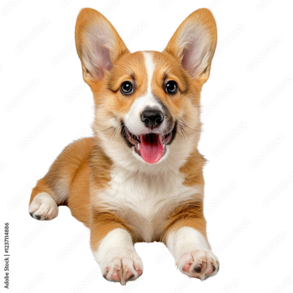 Corgi dog lying down with happy expression, showcasing its fluffy fur and large ears. This playful pet exudes joy and charm, perfect for animal lovers Corgi dog lying down with happy expression, showcasing its fluffy fur and large ears. This playful pet exudes joy and charm, perfect for animal lovers