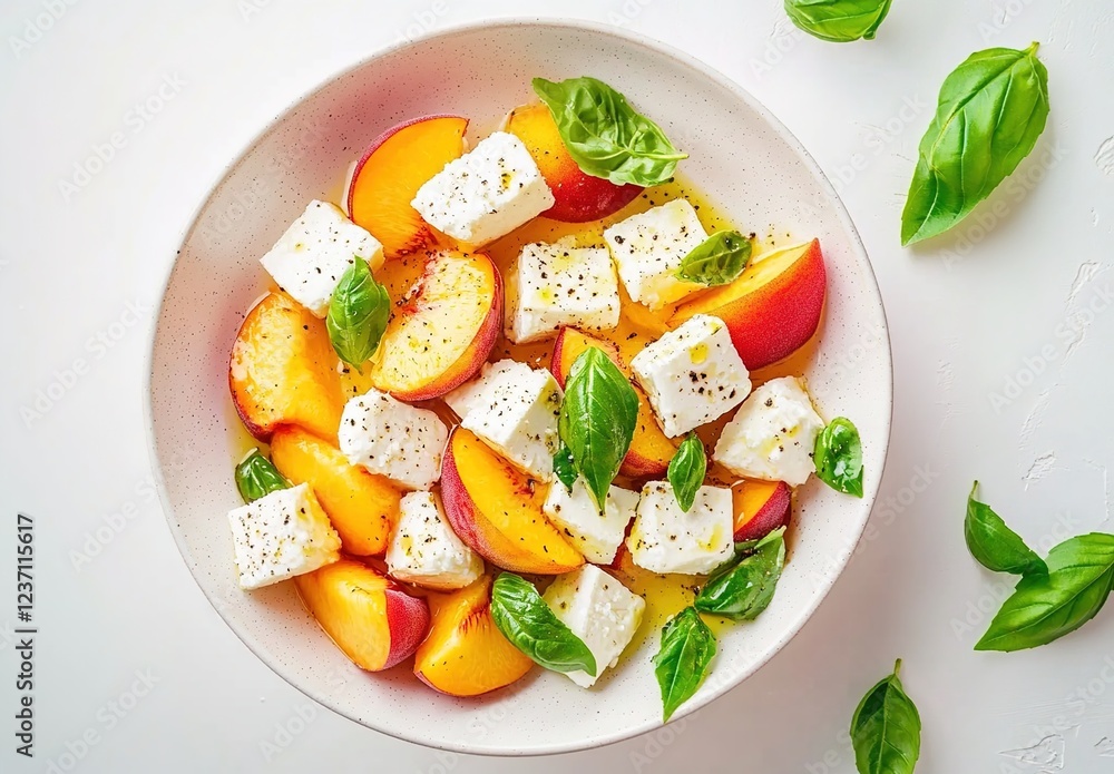 A bowl of peach and mozzarella salad, with peaches sliced in half on top of fresh basil leaves mixed into the salad. A bowl of peach and mozzarella salad, with peaches sliced in half on top of fresh basil leaves mixed into the salad.