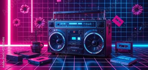 Retro Boombox in Neon Lights with 80s Style, Vibrant Music and Vintage Aesthetic, Perfect for Nostalgia and Retro Culture photo