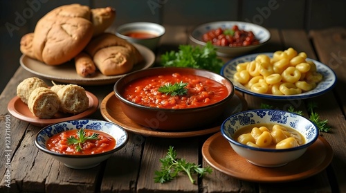 A rustic table setting with bowls of food, including soup, vegetables, bread, and cheese, with plants in the background