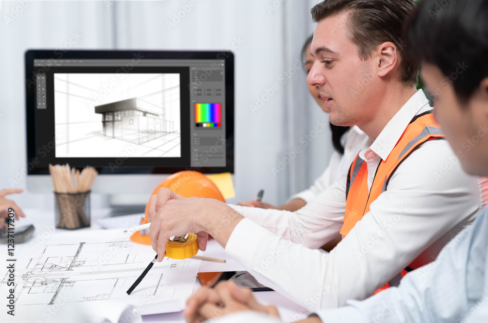 Diverse group of civil engineer and client working together on architectural project, reviewing construction plan and building blueprint at meeting table. Prudent Diverse group of civil engineer and client working together on architectural project, reviewing construction plan and building blueprint at meeting table. Prudent