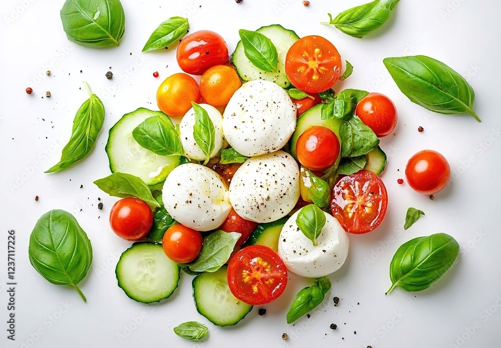 An aerial view of a mozzarella salad with fresh tomatoes, cucumbers, and basil leaves on a white background An aerial view of a mozzarella salad with fresh tomatoes, cucumbers, and basil leaves on a white background