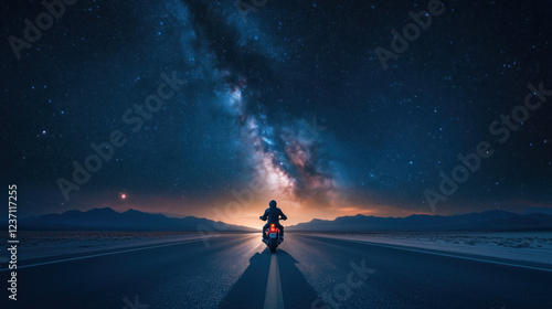 Biker on a Desert Highway Beneath a Star-Filled Night Sky, with the Milky Way Casting an Ethereal Glow as the Blurred Road Stretches Endlessly Ahead