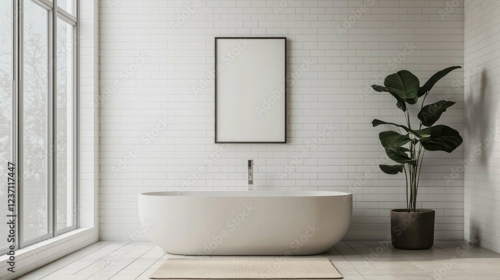 Fototapeta premium Modern Minimalist Bathroom Design with Plant and Empty Frame