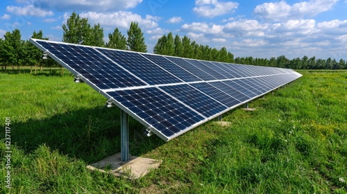 Solar panels in field, energy, green, sunny day photo