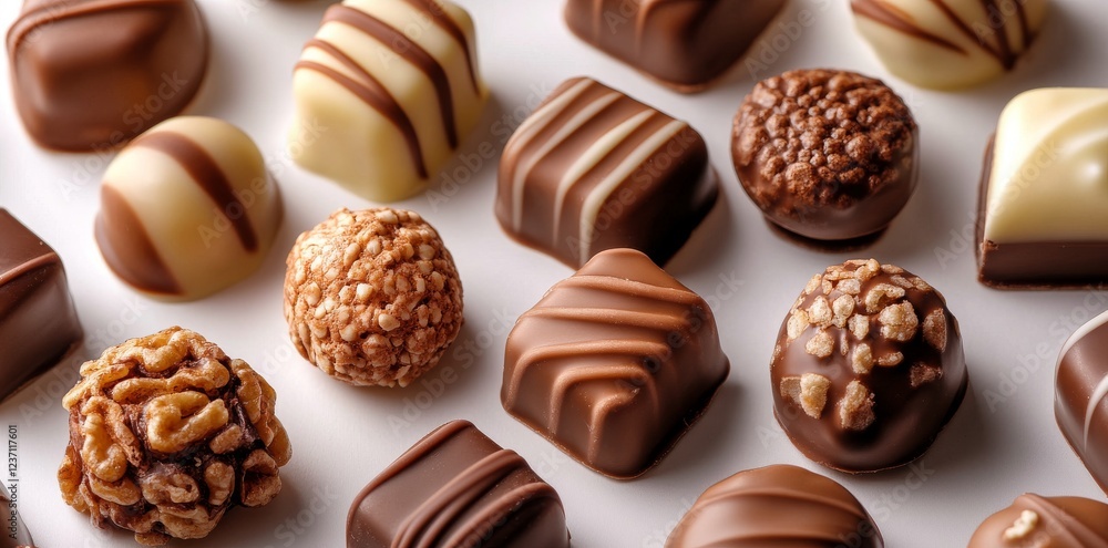 White background featuring surreal floating assorted chocolate pralines White background featuring surreal floating assorted chocolate pralines