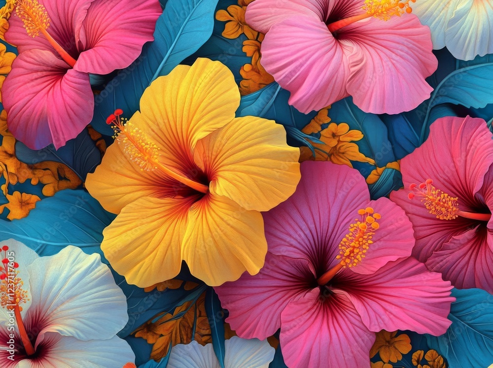custom made wallpaper toronto digitalVibrant Tropical Flowers in Surreal Hibiscus Blooms on a White Background
