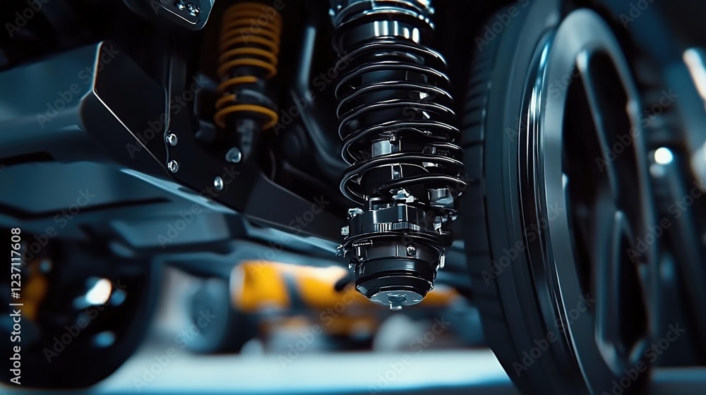 Fototapeta premium Close-up of the lower half of an electric car's rear suspension, showcasing its advanced design and features.