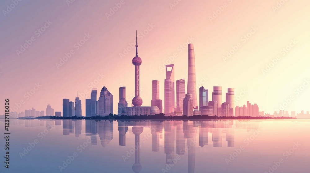 Obraz premium Sunrise Reflection of Modern Shanghai Skyline at Dawn in Pastel Hues