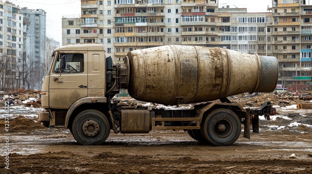 Dirty cement mixer truck near urban construction site Dirty cement mixer truck near urban construction site