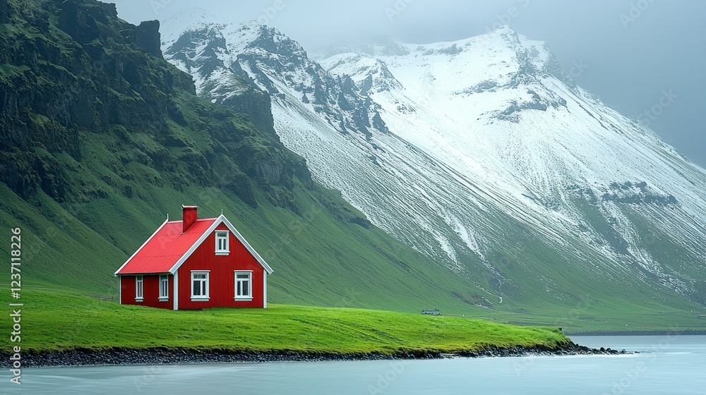 Serene Icelandic Landscape: A Red House by a Fjord Serene Icelandic Landscape: A Red House by a Fjord