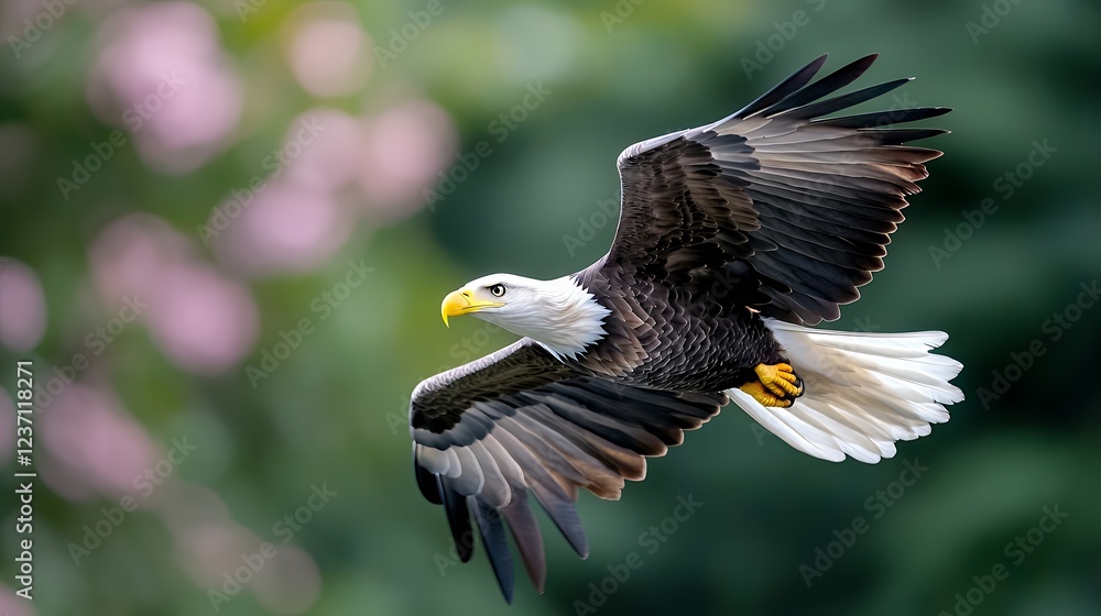 Fototapeta premium Bald eagle soaring in flight against a soft green and pink bokeh background during daytime.