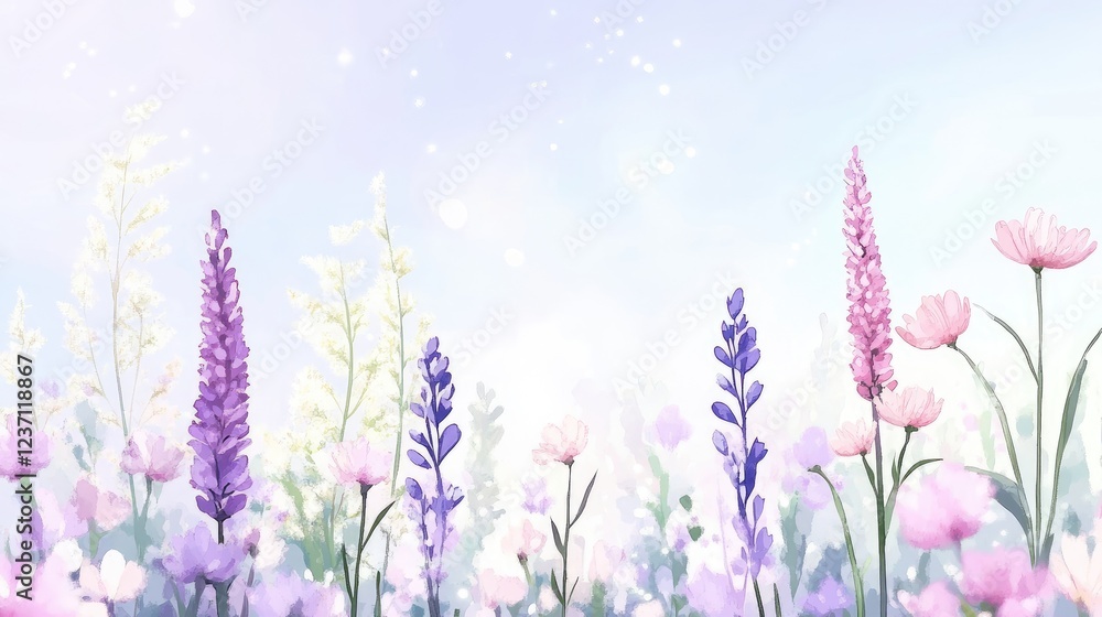 Naklejka premium Pastel Flowers Bloom in Soft Light Watercolor Painting