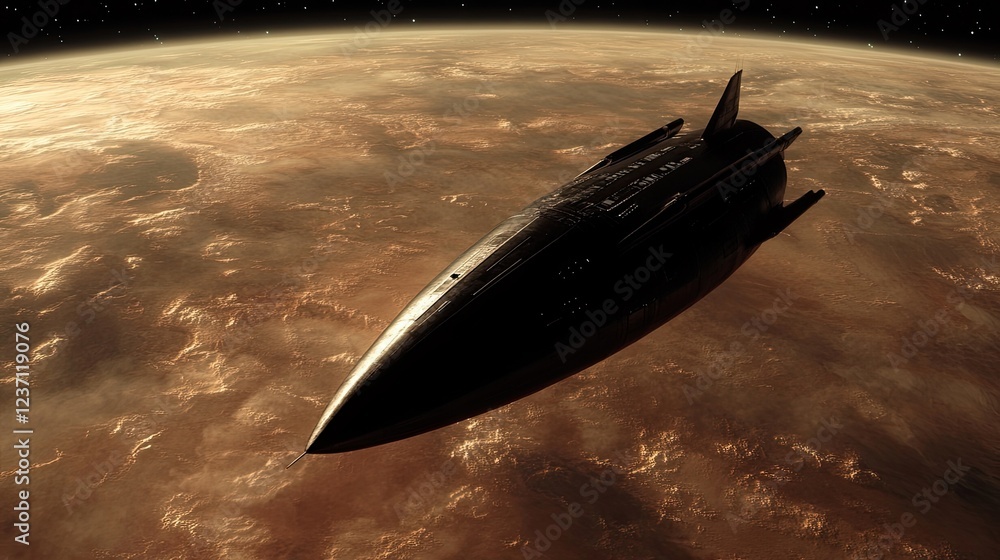Obraz premium Dark Spaceship Soaring Above a Brown Planet