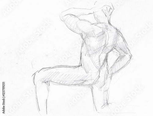 hand-drawn sketch of torso of male model on knee