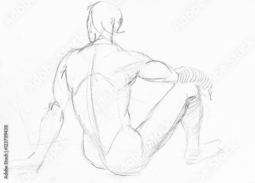hand-drawn sketch of back of sitting male model