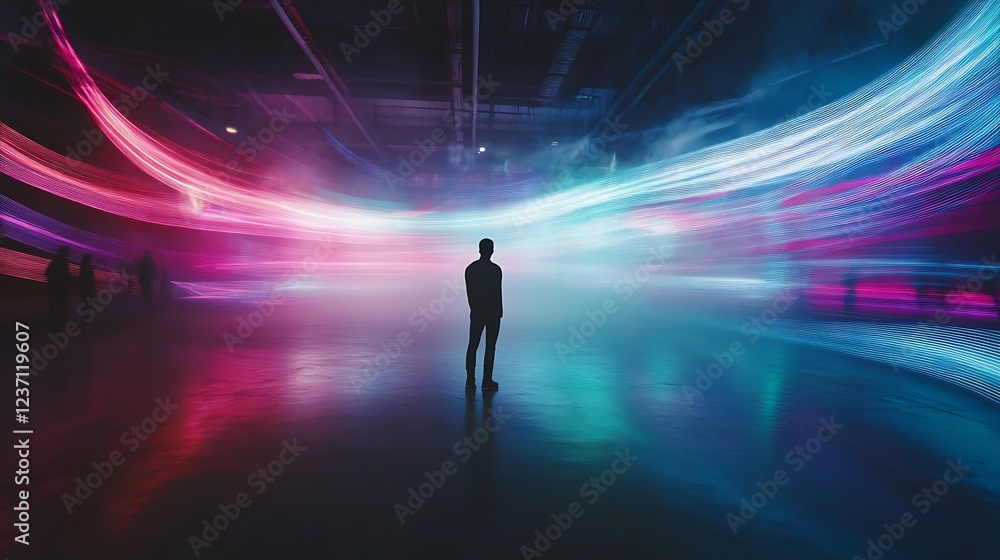 A Solitary Figure Amidst Vibrant Light Trails A Solitary Figure Amidst Vibrant Light Trails