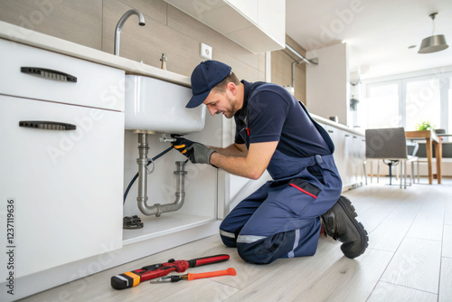 A plumber fixes a faucet in a bright kitchen with a minimal interior. Professional plumbing services