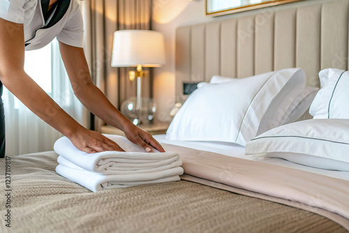 The maid cleaned the hotel room and put fresh towels. Hotel business