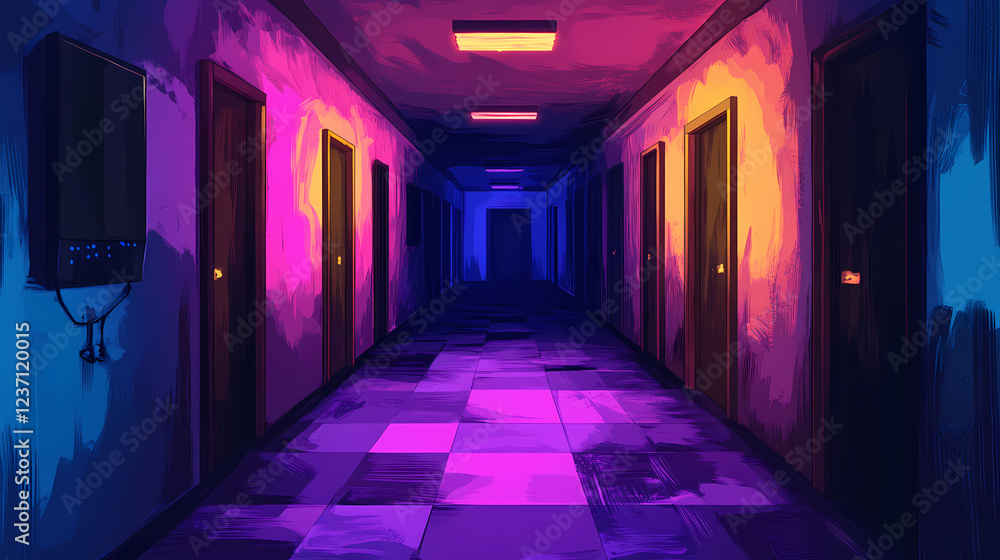 Neon glow in a grungy hallway. Vaporwave Neon. Illustration Neon glow in a grungy hallway. Vaporwave Neon. Illustration