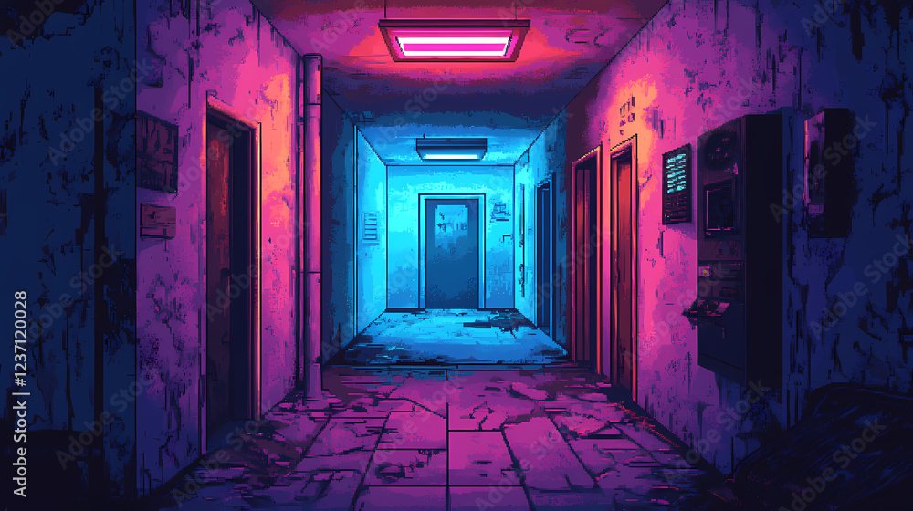 Fototapeta premium Neon glow in a grungy hallway. Vaporwave Neon. Illustration