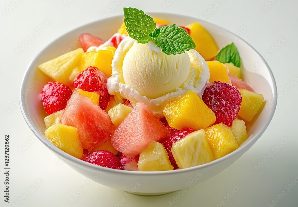 A bowl of fruit salad with ice cream, food photography A bowl of fruit salad with ice cream, food photography