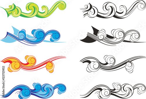 Sea and ocean waves vector designs, great for vehicle and boat graphics, decals, stickers, T-shirts, signs. Summer tropical theme. Colorful, and black and white versions, ready for vinyl cutting.