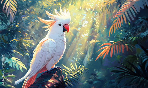 Cockatoo Squawking Loudly in a Tropical Forest – A Vibrant and Playful Jungle Scene photo