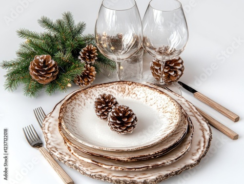 A festive Christmas dinnerware set with pine cone accents, ready for a holiday meal. photo