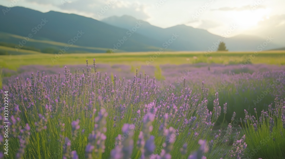 Fototapeta premium Lavender Field at Sunset, with Mountain Range in the Background
