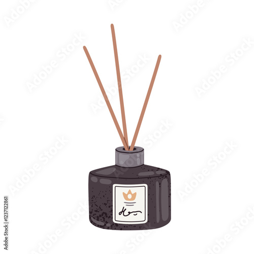 Aroma diffuser jar. Aromatic diffuser with bamboo sticks, aromatherapy essential oils and fresh scents flat vector illustration. Home perfume diffuser bottle