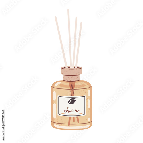 Aroma diffuser. Home fragrance aromatic diffuser with bamboo sticks, aromatherapy, home perfume liquids and essential oil flat vector illustration. Aroma diffuser glass jar