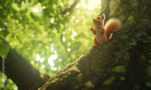 A Squirrel Scurrying Busily Up a Towering Oak Tree, Highlighting the Beauty of Wildlife in Nature