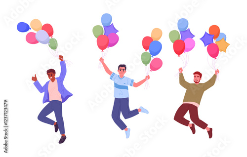 Guys with helium balloons. Jumping cheerful male characters, men floating with colorful balloons flat vector illustration set. Happy boys with balloons