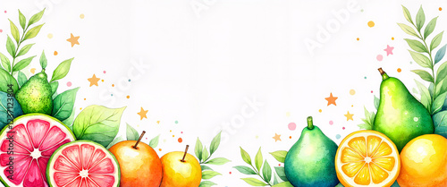 Watercolor citrus fruits and leaves border, copy space. Ideal for blog posts, website banners, recipe cards, summer-themed designs.