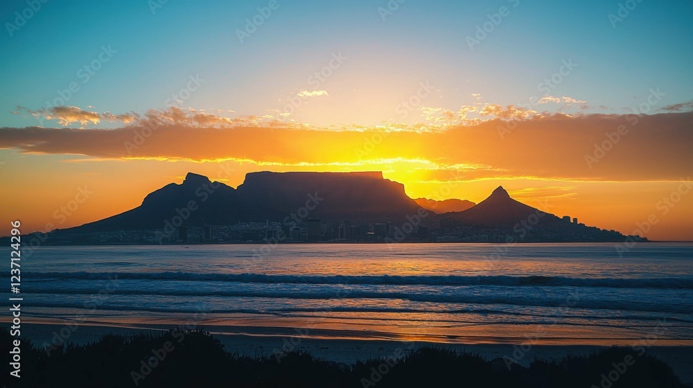 Breathtaking Sunset Over Table Mountain and Ocean in Cape Town Breathtaking Sunset Over Table Mountain and Ocean in Cape Town