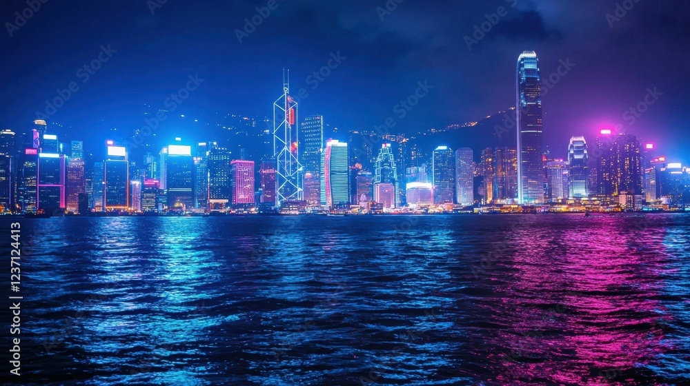 Fototapeta premium Vibrant City Skyline at Night with Colorful Neon Lights and Reflections