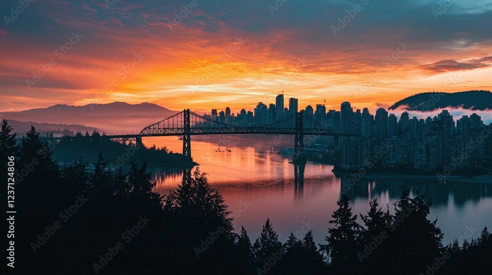 Fototapeta premium Captivating Sunset Over Vancouver Skyline and Bridge Reflections