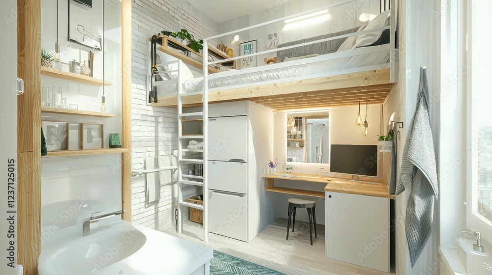 Modern Loft Bedroom Design with Workspace and Compact Kitchen Area Modern Loft Bedroom Design with Workspace and Compact Kitchen Area