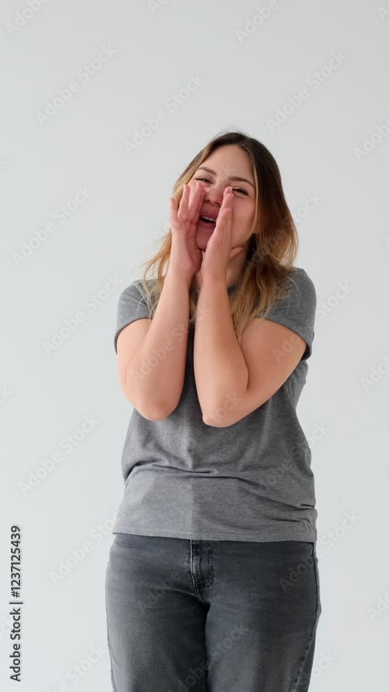 Happy Caucasian young adult woman shouting in hand horn on white background. Concept of a announcement or advertisement. Vertical video. Happy Caucasian young adult woman shouting in hand horn on white background. Concept of a announcement or advertisement. Vertical video.