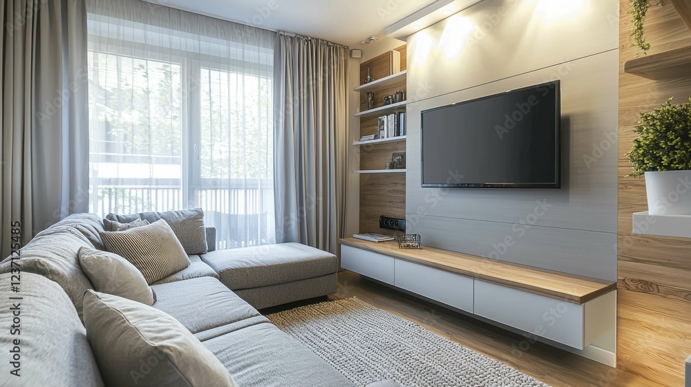 Fototapeta premium Modern Bright Living Room with Comfortable Sofa and TV Unit