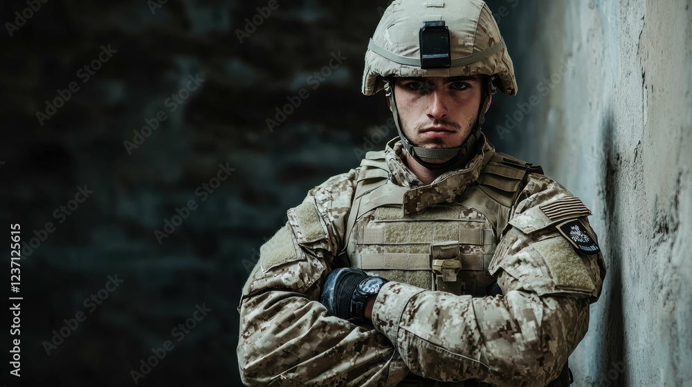 Focused Soldier in Military Gear with Intense Expression in Action Focused Soldier in Military Gear with Intense Expression in Action