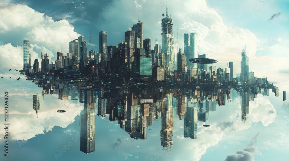 Fototapeta premium Futuristic Cityscape Reflection with Flying Vehicles Under Sky
